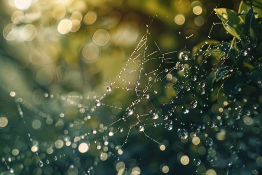 Sparkling water droplets caught in a spider's web in the early morning light
