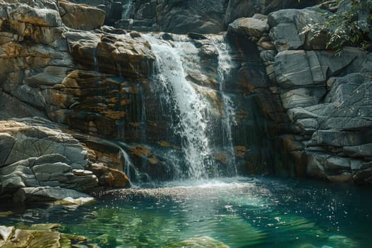 Refreshing waterfall cascading down rocky cliffs into a pristine pool below