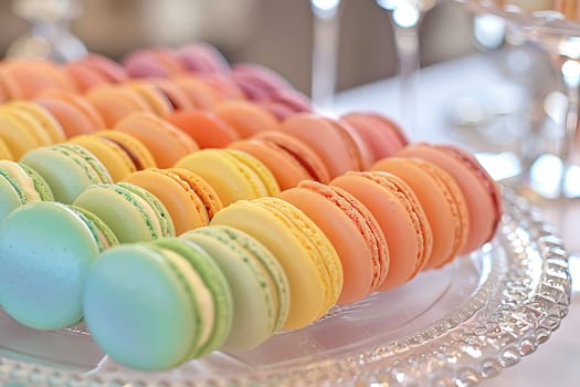 Rainbow-colored macarons arranged elegantly on a transparent plate