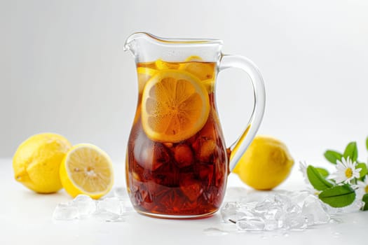A pitcher of iced tea with lemon slices and ice cubes