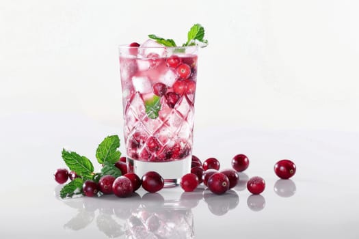 A glass of cranberry juice with ice cubes and a sprig of mint. The cranberries are scattered around the glass, and the mint adds a refreshing touch to the drink