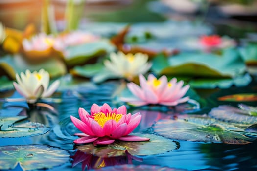 Tranquil pond with colorful lotus flowers blooming on the surface