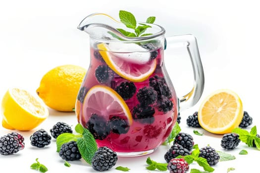 A pitcher of blackberry lemonade with a few slices of lemon and blackberries. The pitcher is full and the fruit is visible