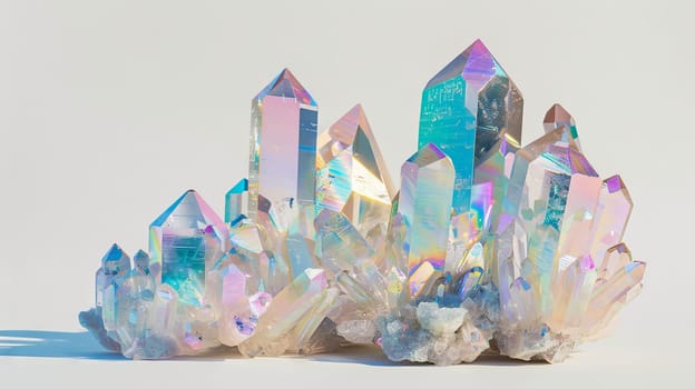 Translucent crystal formations with a delicate beauty, shimmering with iridescent hues against a pristine white backdrop