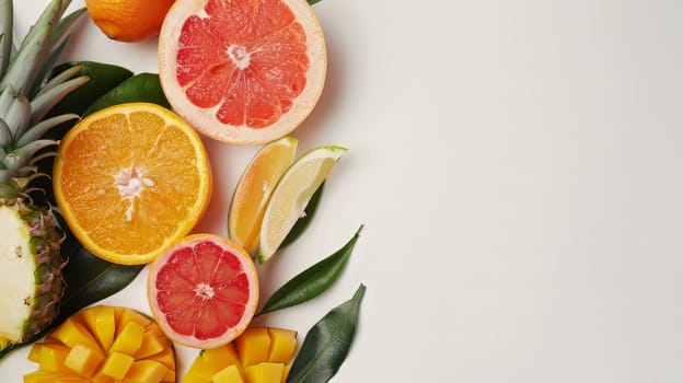 A close up of a variety of fruits including oranges, grapefruit, and pineapple. Concept of abundance and freshness, as well as the idea of a healthy and nutritious diet
