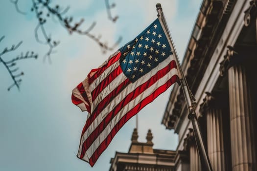 USA flag waving in front of a government building