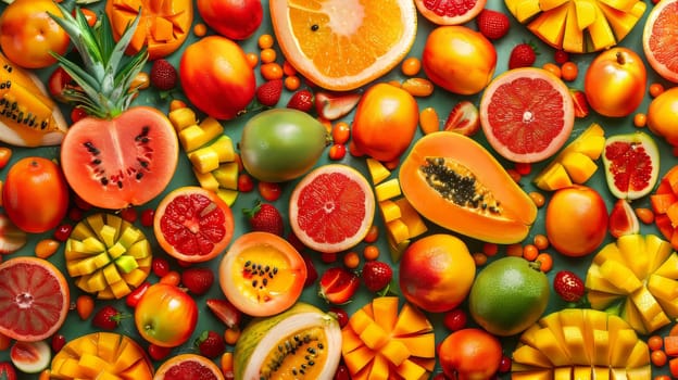 A colorful assortment of fruits including oranges, grapefruit, and mangoes. Concept of abundance and freshness