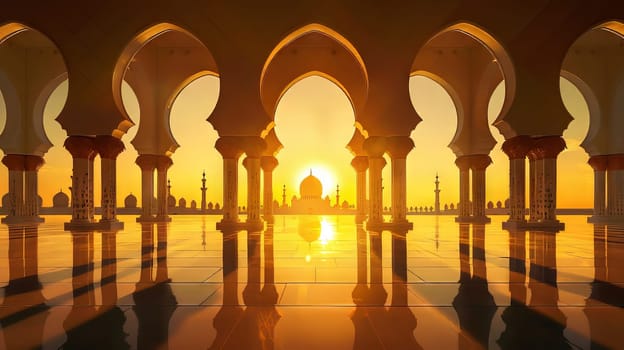 Traditional Islamic arches against a golden sunset background, evoking a sense of spirituality