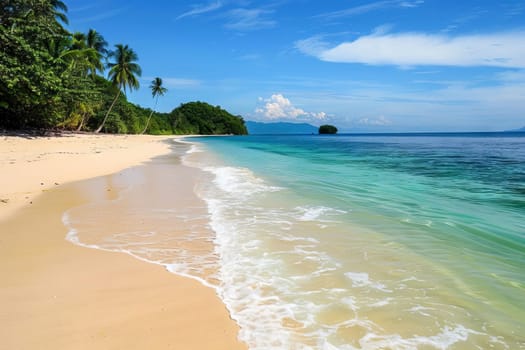 A beautiful beach with a clear blue ocean and palm trees in the background. The water is calm and the sand is warm