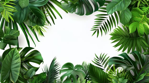A lush green jungle with a white background. The jungle is full of leaves and plants, and the white background provides a stark contrast to the vibrant green foliage