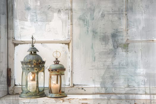 Two lanterns with candles inside sit on a window sill. The candles are lit, creating a warm and cozy atmosphere