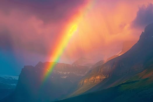 Vibrant rainbow over a mountain range