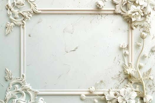 A white frame with flowers and leaves. The frame is white and has a floral design. The frame is empty and has a clean, minimalist look