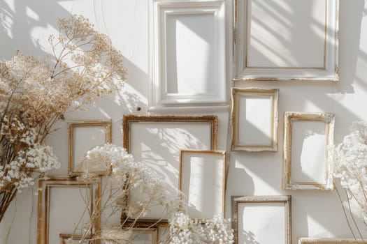 A wall of framed pictures with a white background. The pictures are all white and the frames are gold
