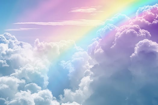 Vibrant rainbow arching over fluffy cumulus clouds on a soft transparent white surface, perfect for hopeful themes