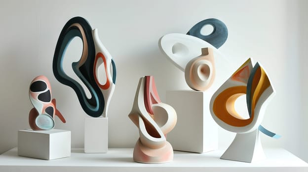 Whimsical abstract sculptures floating against a clean white surface, adding a touch of whimsy to designs