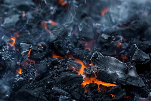 A black and orange fire, with the fire being surrounded by black and grey rocks. Scene is intense and dramatic