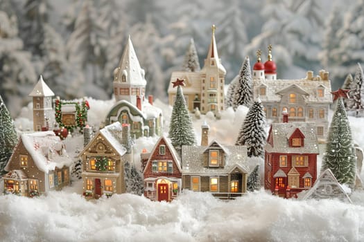 Snowy Christmas village on a soft transparent white canvas, adding holiday charm