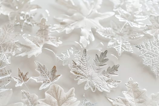 Whimsical snowflake leaves with intricate patterns on a transparent white surface