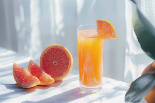 Zesty grapefruit juice in a glass with grapefruit slices on a transparent white surface, tangy and refreshing