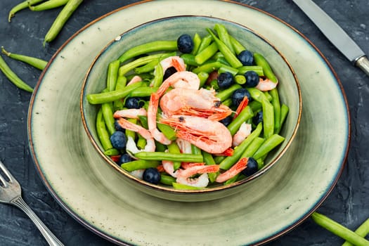 Tasty salad with shrimp and green beans or haricots