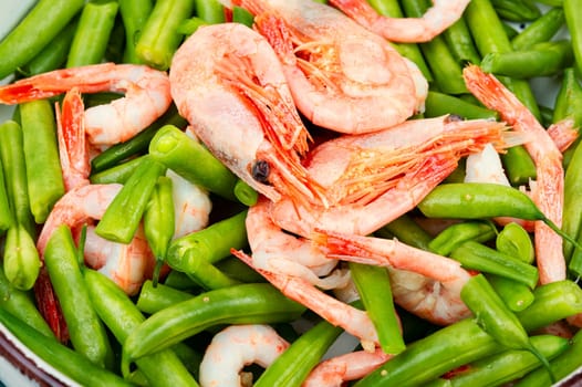 Tasty salad with shrimp and green beans or haricots
