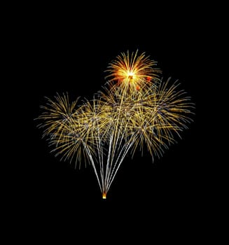 Beautiful colorful fireworks exploding in the night sky, isolated on black background. New year and anniversary concept.