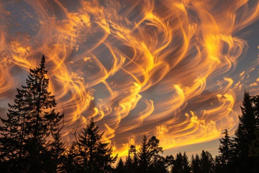 Wispy clouds illuminated by the setting sun, creating a warm and inviting atmosphere