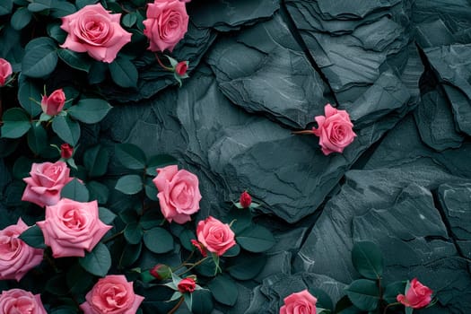 Pink roses on a rocky stone texture background. Romance and passion concept. AI generated