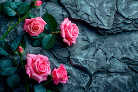 Pink roses on a rocky stone texture background. AI generated