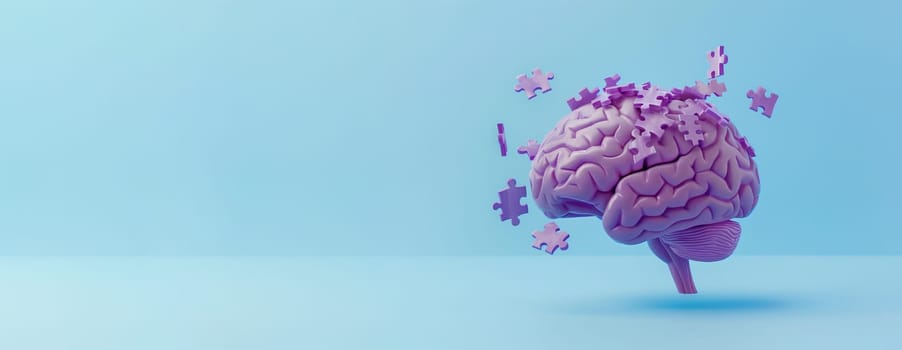 Alzheimer awareness day, dementia diagnosis, Parkinson disease, memory loss disorder, brain with purple puzzle or jigsaw pieces, damaged mind