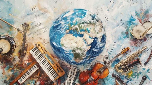 Planet earth with instruments, international music day, listening to global sound and acoustic wave, guitar, piano and drums