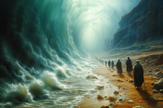 Moses splits the red sea and crosses with the Israelites the water, Exodus of the bible, escape from the Egyptians