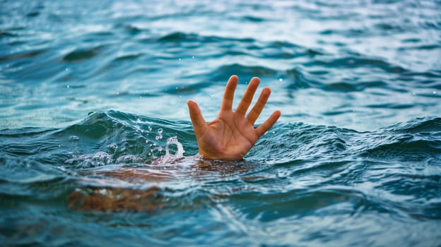 Drowning victim, hand asking for help, danger of swimming in lake or river, struggle to survive, failure and rescue in waters