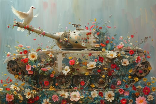 Army tank covered with flowers, dove of peace, ceasefire, end of war, military weapon