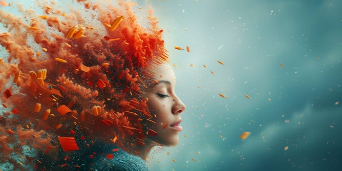 Woman colorful splashes, creativity explosion, positive thinking, self identidy and wave of imagination, consciousness of mind
