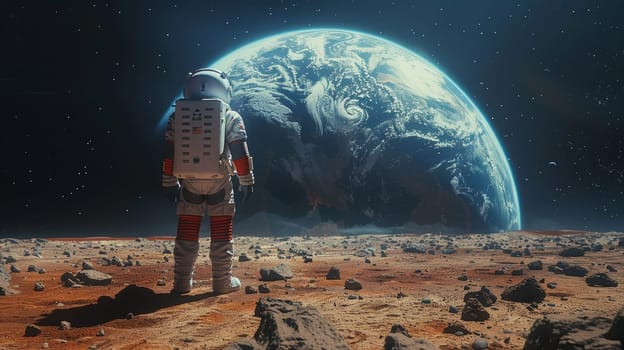 A lone astronaut in a space suit stands on the rocky surface of Mars, gazing at the Earth against a backdrop of stars. This image captures the essence of exploration and wonder.
