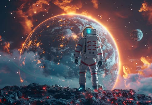 A lone astronaut pointing at the Earth while standing on a rugged alien planet with dramatic, fiery skies. This space exploration scene captures a sense of adventure, discovery, and the vastness of the universe.