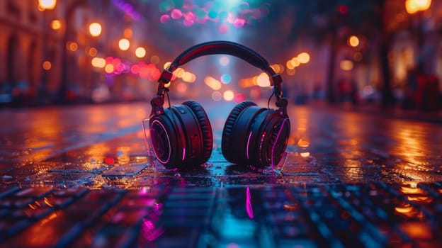 A pair of black headphones is centered on a wet cobblestone street with vibrant night lights reflecting in the background