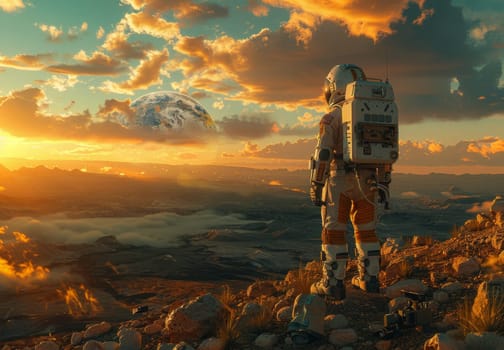 A lone astronaut stands on the surface of Mars, pointing at Earth in the sky. The Martian landscape is illuminated by a stunning sunset, creating a surreal and inspirational scene.