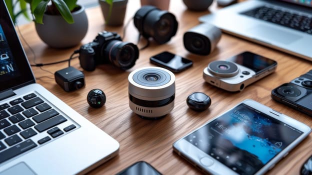 Various cameras, lenses, and electronic gadgets neatly arranged around a laptop on a wooden table, indicating a photographer's workspace
