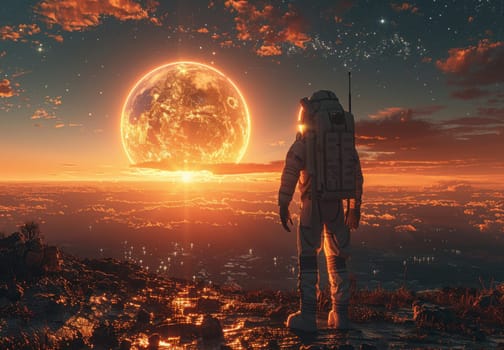 An astronaut stands on the rocky surface of Mars, pointing towards Earth, glowing brightly in the Martian sky at sunset. This image evokes feelings of exploration, wonder, and the vastness of space.