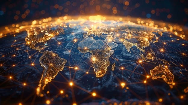 This image shows a digital representation of the Earth with interconnected lines and bright city lights, symbolizing global connections
