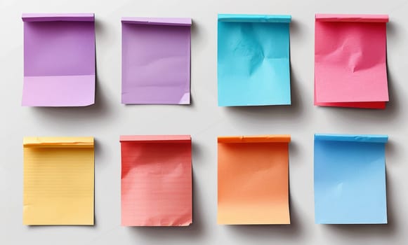 Eight colored sticky note pads arranged in rows on a white surface Shadows indicate natural light