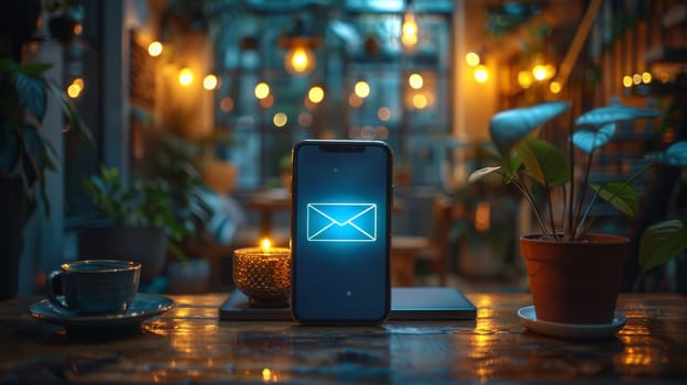 A smartphone displaying an email icon stands on a table in a cozy cafe with ambient lighting and decor