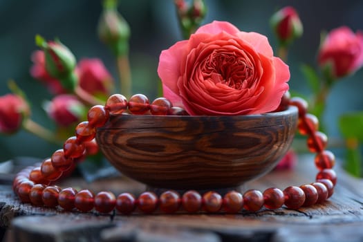 Close-up of a vibrant red rose in a wooden bowl, complemented by a red beads necklace on a rustic surface