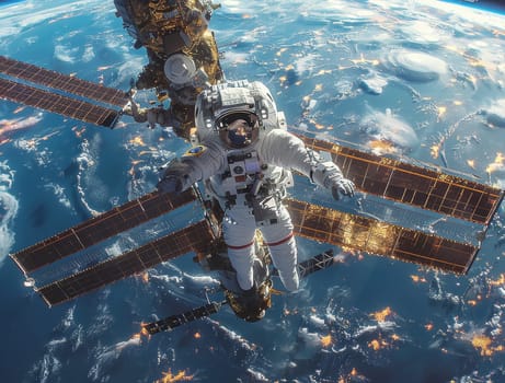 Astronaut conducting a spacewalk near the International Space Station with Earth in the background. The astronaut is floating in outer space performing maintenance tasks on the station's exterior.