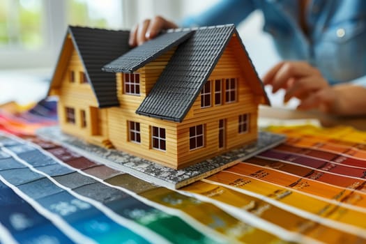 A model house placed on sample color swatches while human hands are seen in the background, suggesting interior design planning