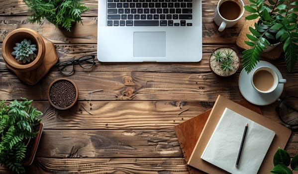Overhead view of a workspace with a laptop, plants, coffee, and stationery on a wooden surface