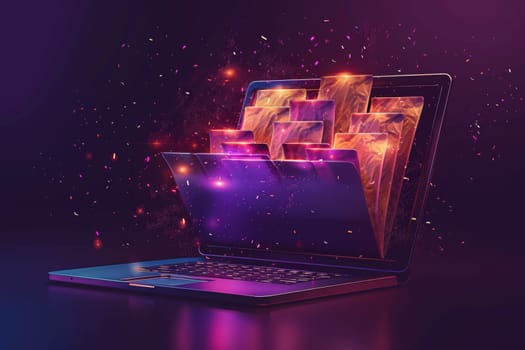 A modern laptop displaying vibrant, abstract shapes emanating from the screen with a dark, cosmic background and floating particles